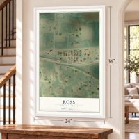 Ross, North Dakota map, 24 x 36 inch print in a white frame by a staircase