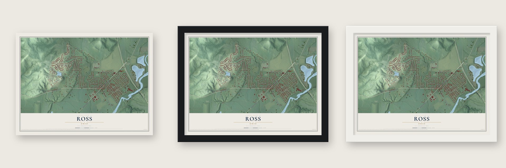 Ross, Ohio map unframed, in a black wood frame and in a white wood frame