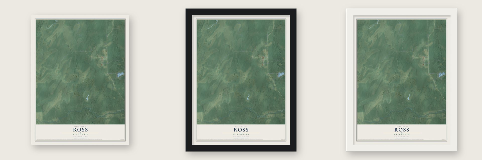 Ross, Wisconsin map unframed, in a black wood frame and in a white wood frame
