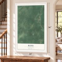 Ross, Wisconsin map, 24 x 36 inch print in a white frame by a staircase