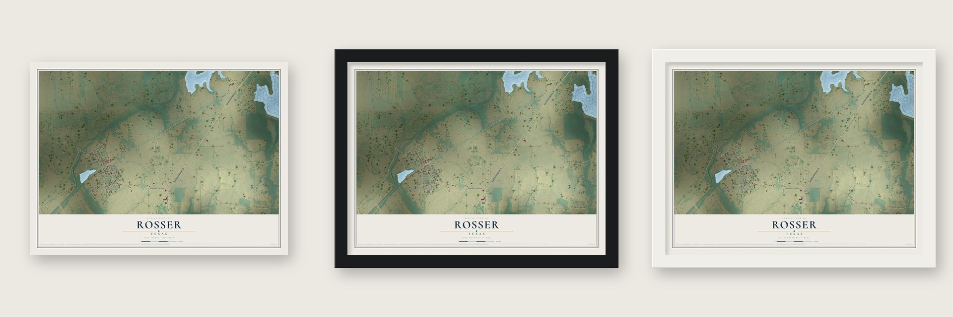 Rosser, Texas map unframed, in a black wood frame and in a white wood frame