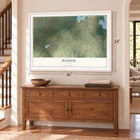 Rosser, Texas map, 24 x 36 inch print in a white frame above a dresser by a staircase