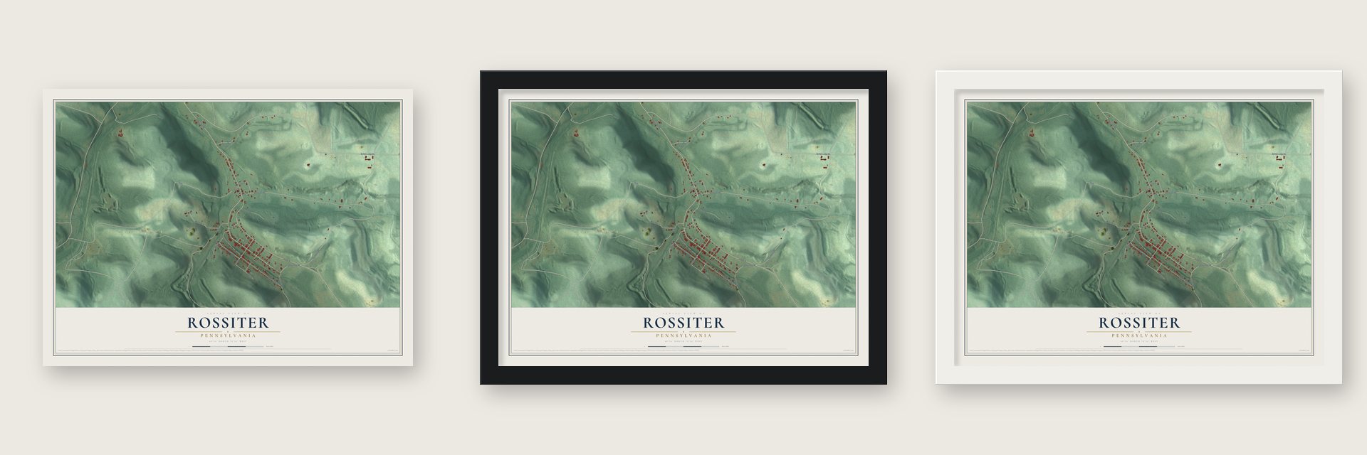 Rossiter, Pennsylvania map unframed, in a black wood frame and in a white wood frame