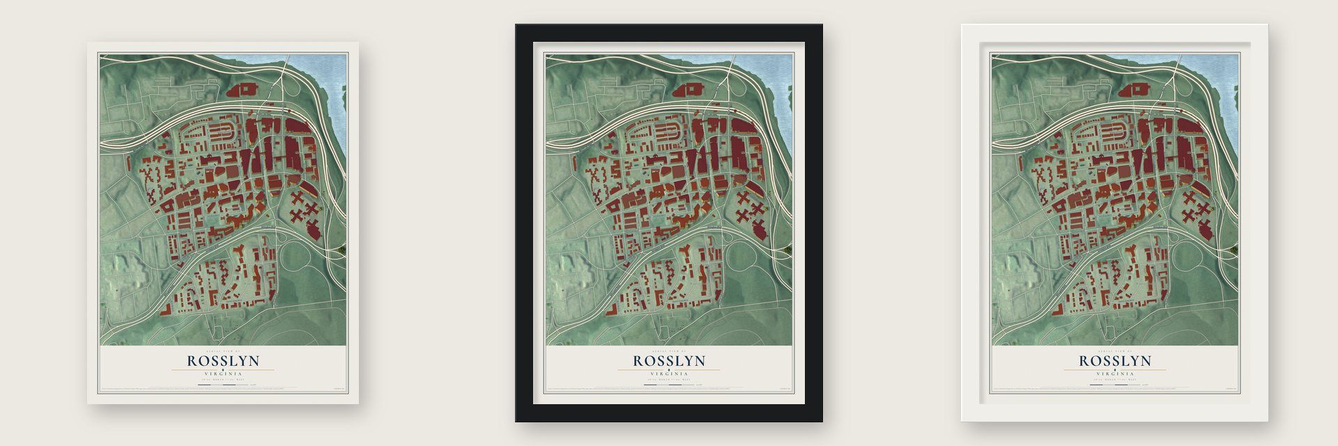 Rosslyn, Virginia map unframed, in a black wood frame and in a white wood frame