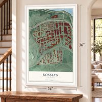 Rosslyn, Virginia map, 24 x 36 inch print in a white frame by a staircase