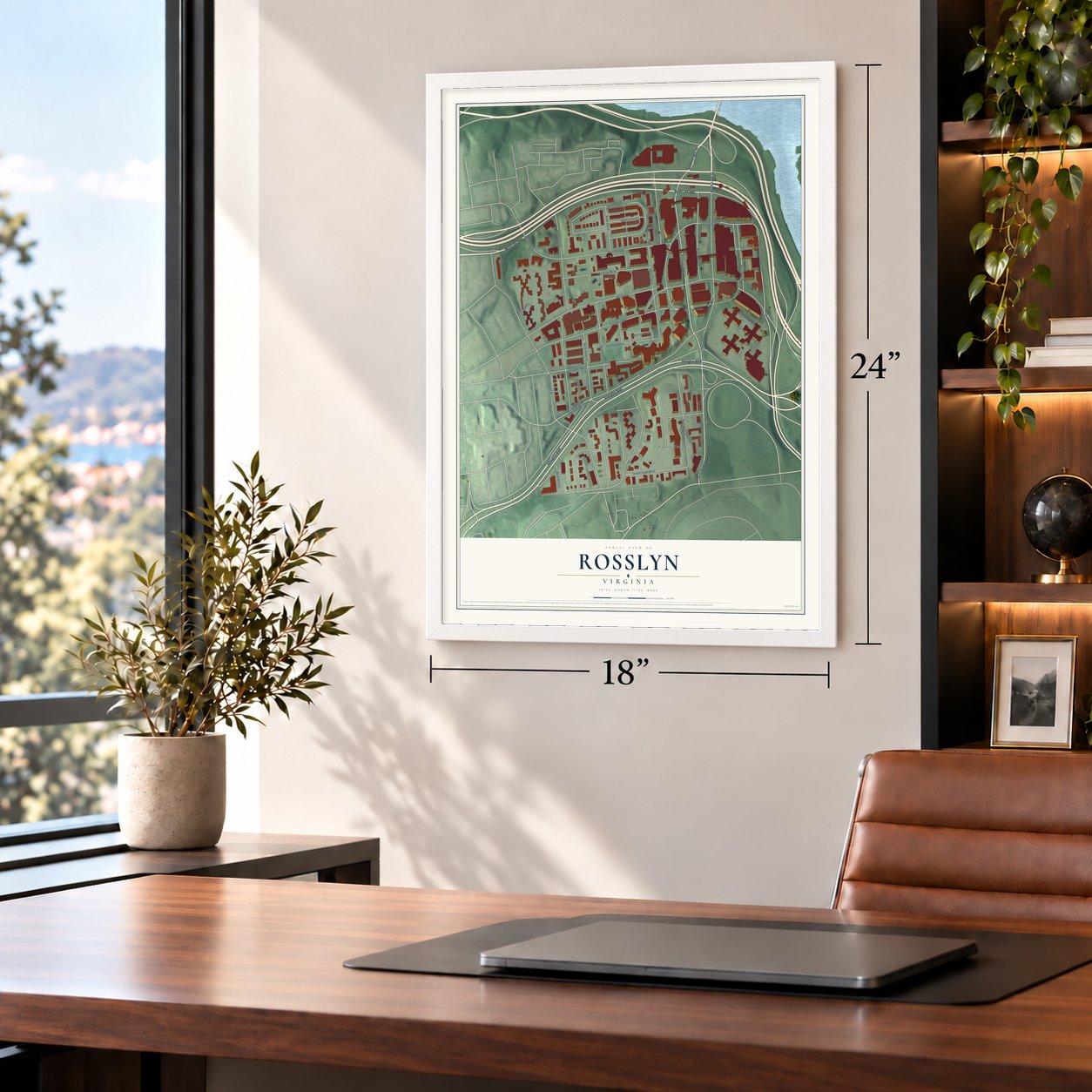 Rosslyn, Virginia map, 18 x 24 inch print in a white frame in a home office