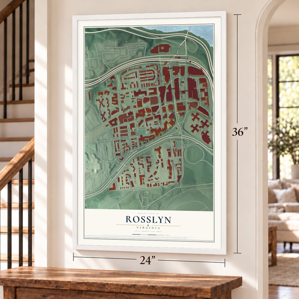 Rosslyn, Virginia map, 24 x 36 inch print in a white frame by a staircase