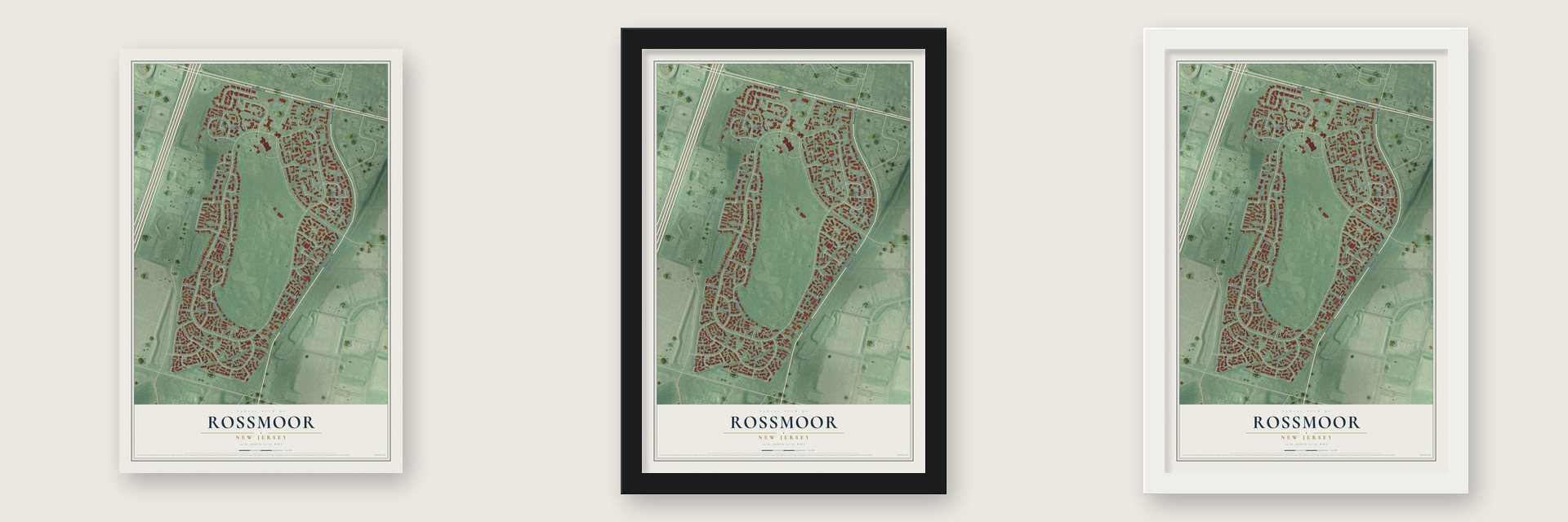 Rossmoor, New Jersey map unframed, in a black wood frame and in a white wood frame
