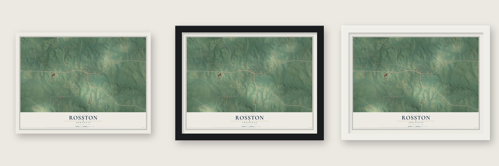 Rosston, Arkansas map unframed, in a black wood frame and in a white wood frame