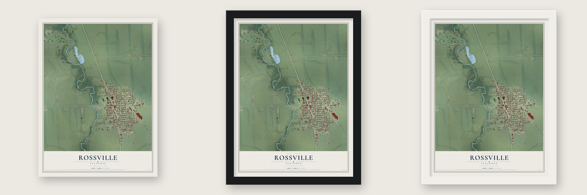 Rossville, Illinois map unframed, in a black wood frame and in a white wood frame