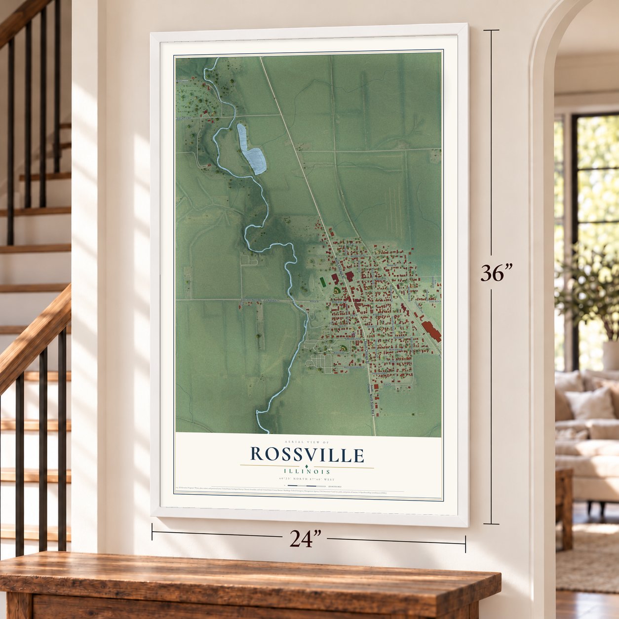 Rossville, Illinois map, 24 x 36 inch print in a white frame by a staircase