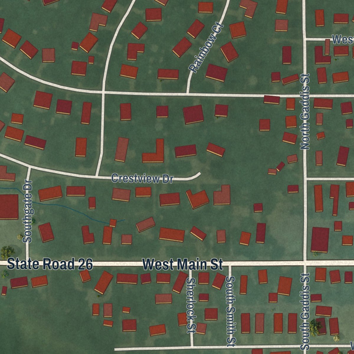 Second close-up of the map of Rossville, Indiana print showing more streets and buildings