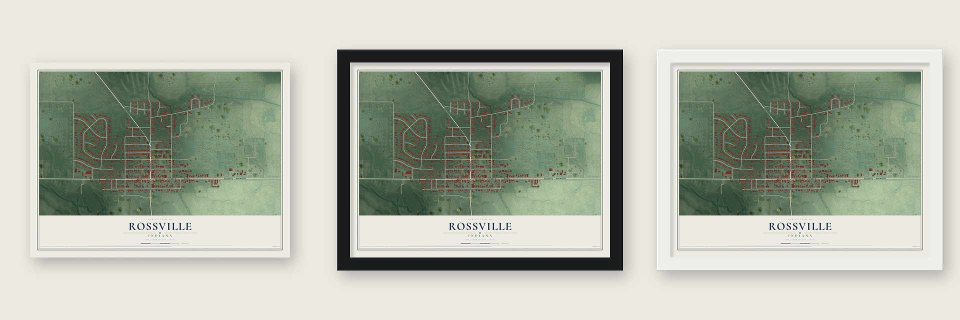 Rossville, Indiana map unframed, in a black wood frame and in a white wood frame