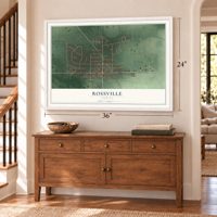 Rossville, Indiana map, 24 x 36 inch print in a white frame above a dresser by a staircase