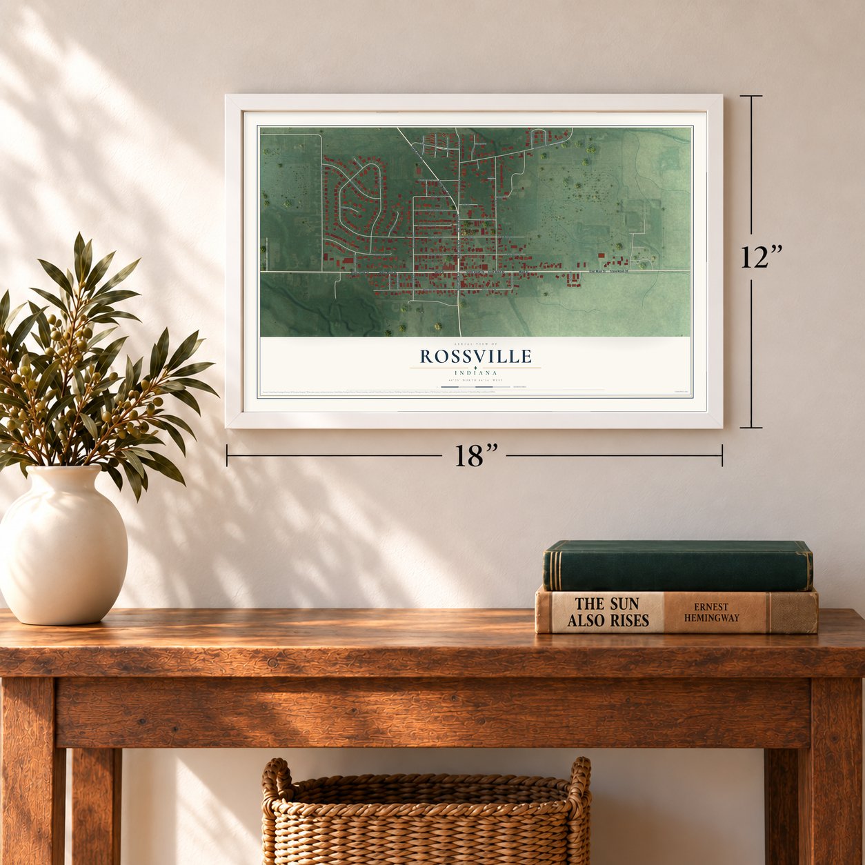 Rossville, Indiana map, 12 x 18 inch print in a white frame in an entryway