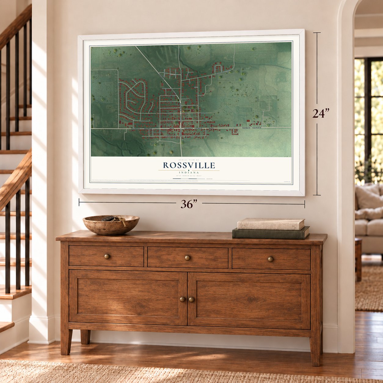 Rossville, Indiana map, 24 x 36 inch print in a white frame above a dresser by a staircase