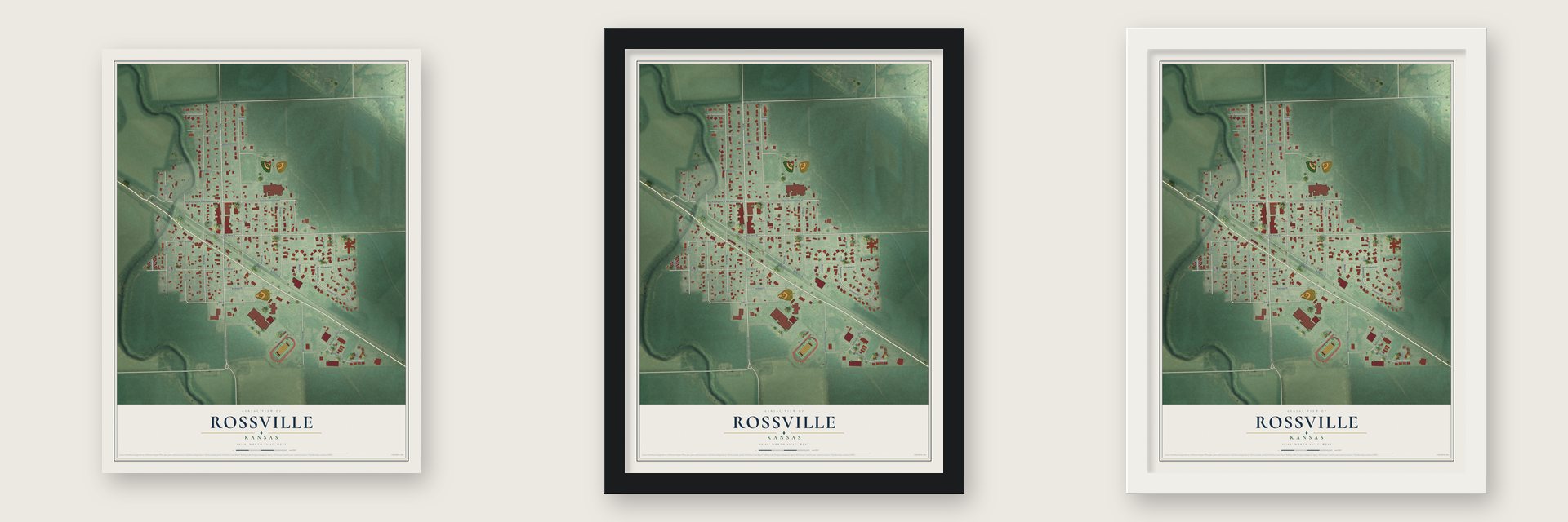 Rossville, Kansas map unframed, in a black wood frame and in a white wood frame