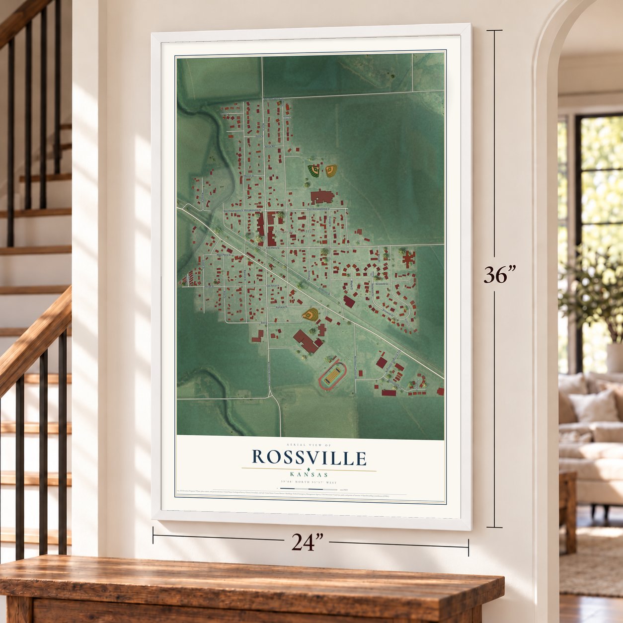 Rossville, Kansas map, 24 x 36 inch print in a white frame by a staircase