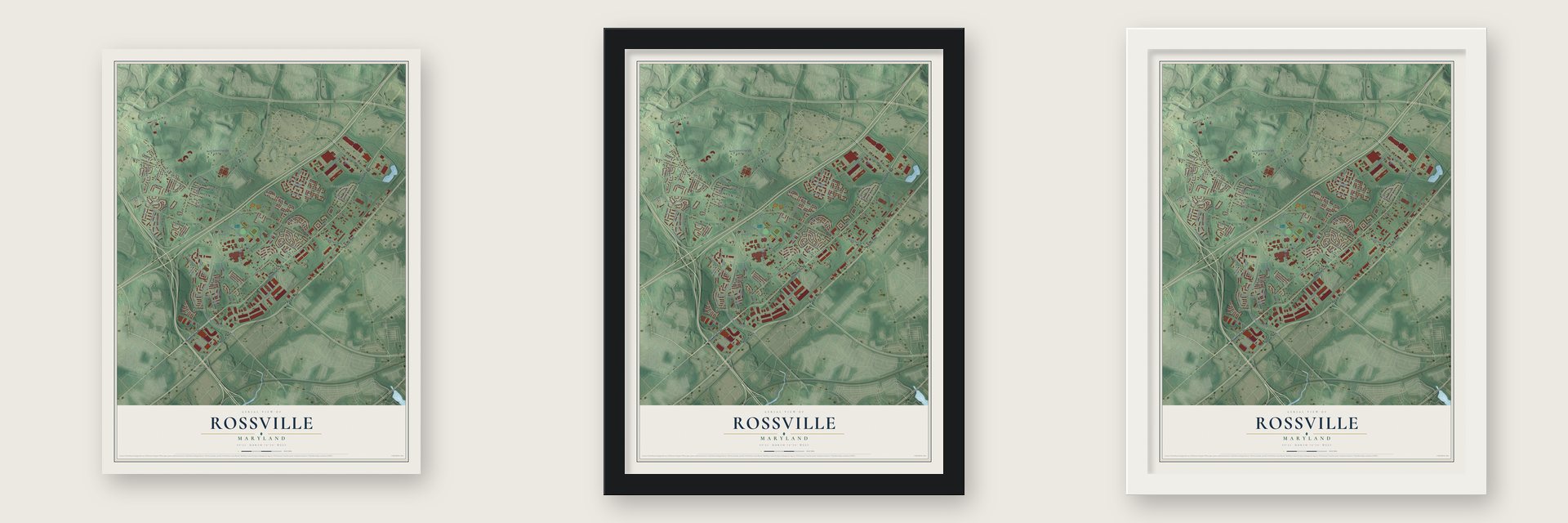 Rossville, Maryland map unframed, in a black wood frame and in a white wood frame