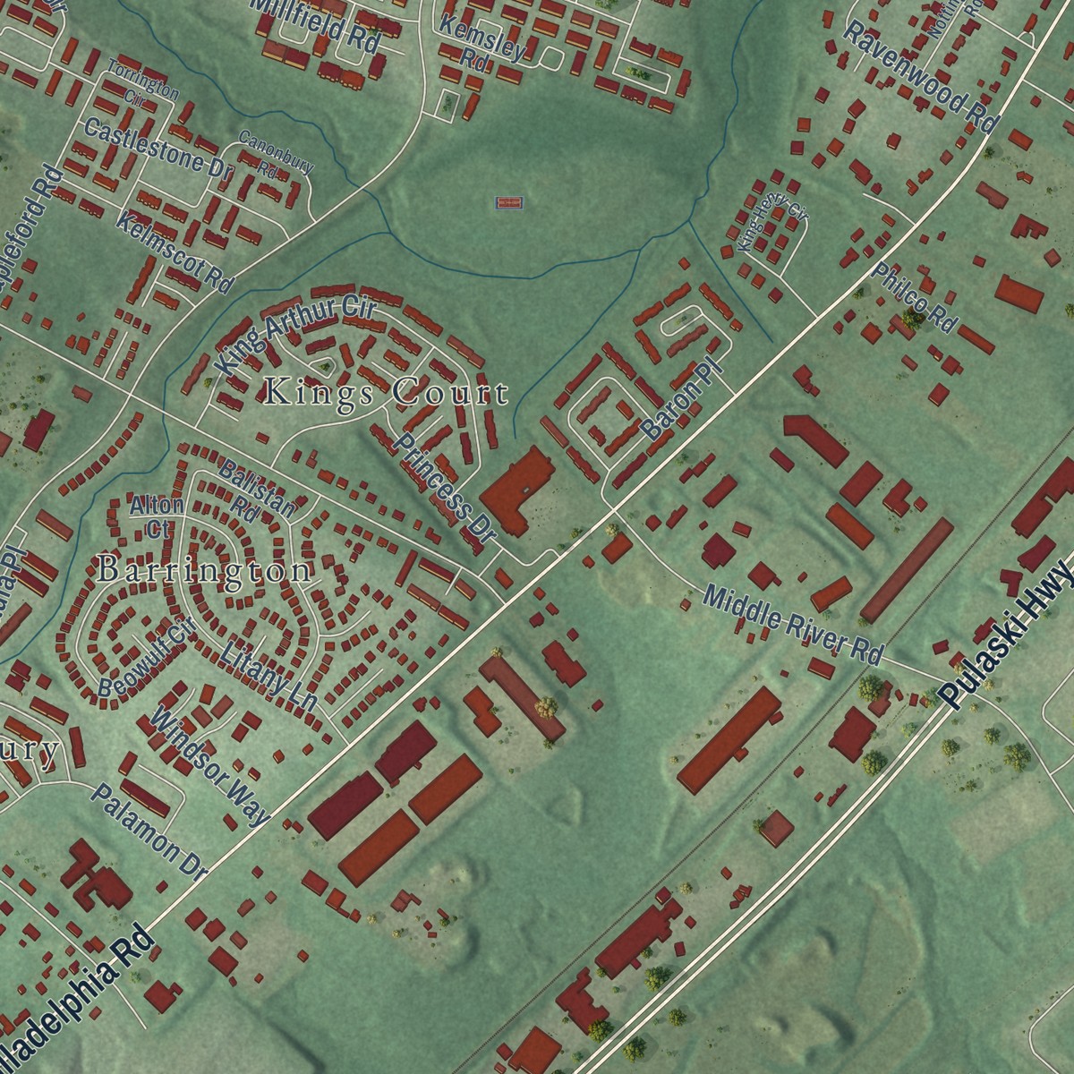 Second close-up of the map of Rossville, Maryland print showing more streets and buildings