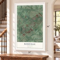 Rossville, Maryland map, 24 x 36 inch print in a white frame by a staircase