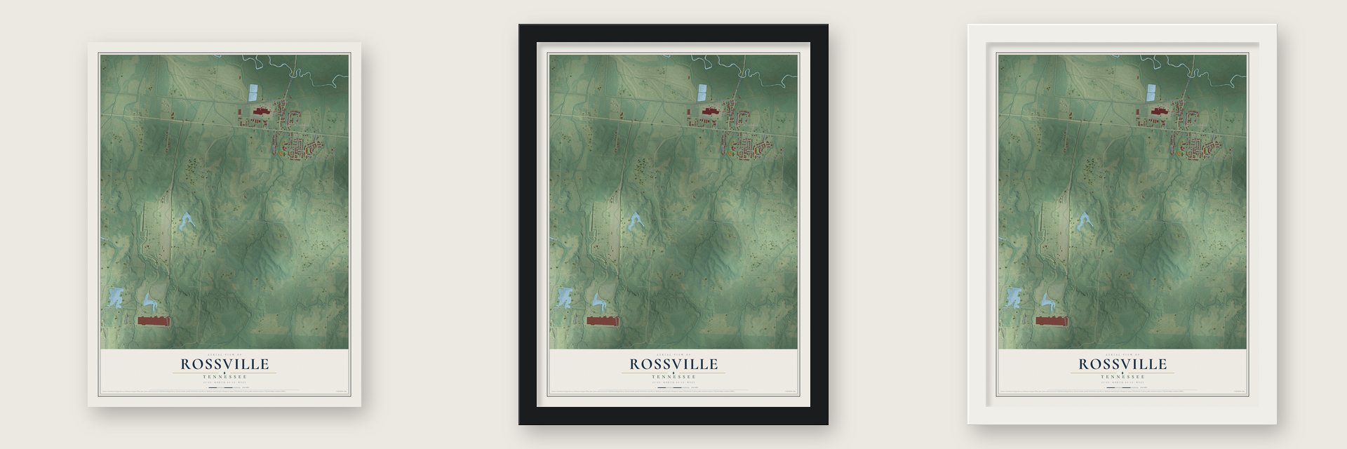 Rossville, Tennessee map unframed, in a black wood frame and in a white wood frame