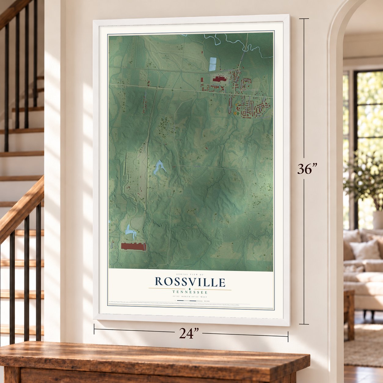 Rossville, Tennessee map, 24 x 36 inch print in a white frame by a staircase