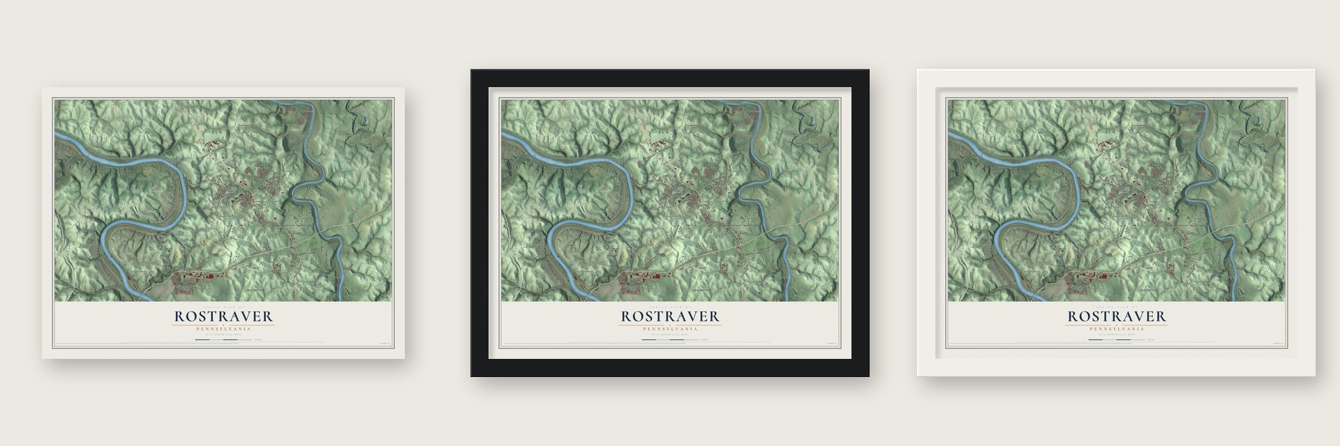 Rostraver, Pennsylvania map unframed, in a black wood frame and in a white wood frame
