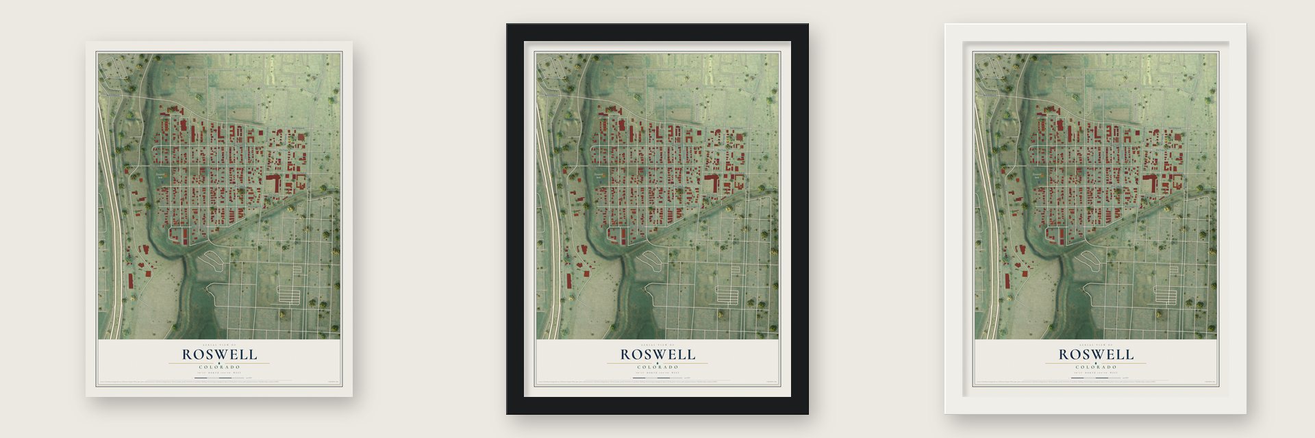 Roswell, Colorado map unframed, in a black wood frame and in a white wood frame