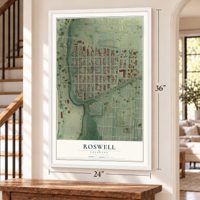 Roswell, Colorado map, 24 x 36 inch print in a white frame by a staircase