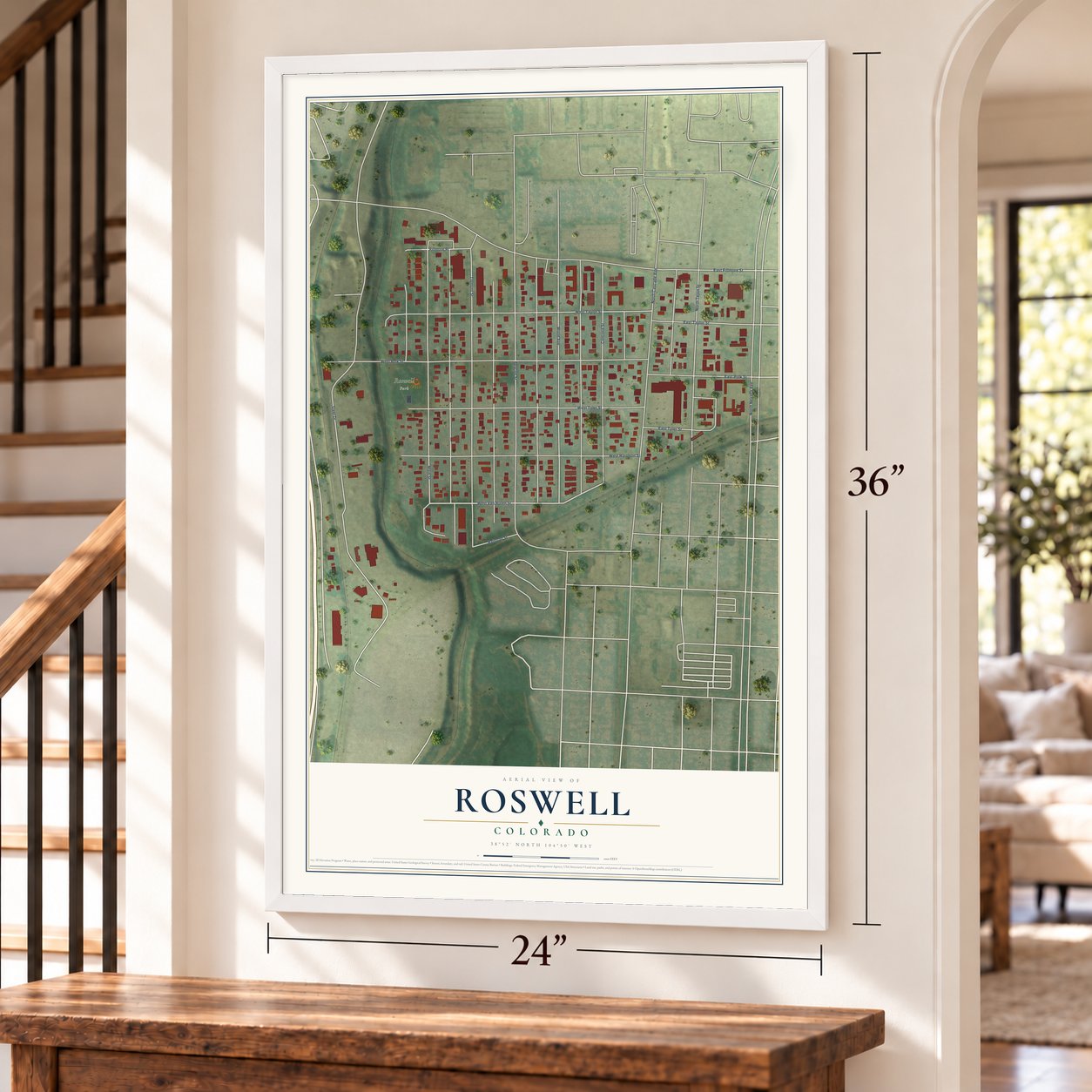 Roswell, Colorado map, 24 x 36 inch print in a white frame by a staircase
