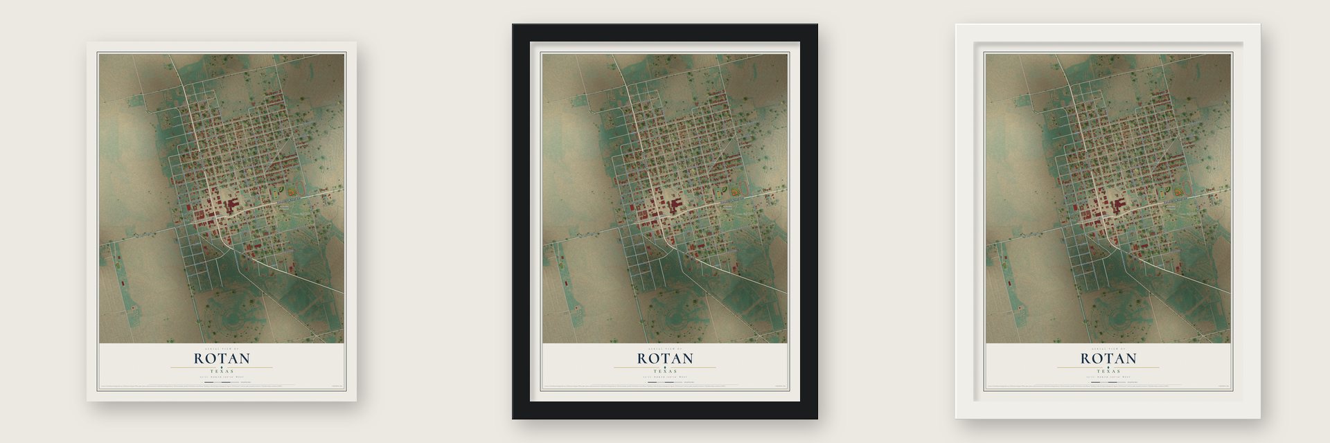 Rotan, Texas map unframed, in a black wood frame and in a white wood frame