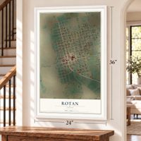 Rotan, Texas map, 24 x 36 inch print in a white frame by a staircase