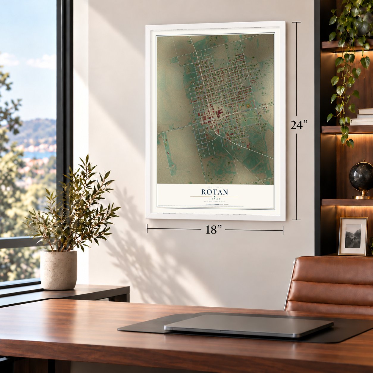 Rotan, Texas map, 18 x 24 inch print in a white frame in a home office