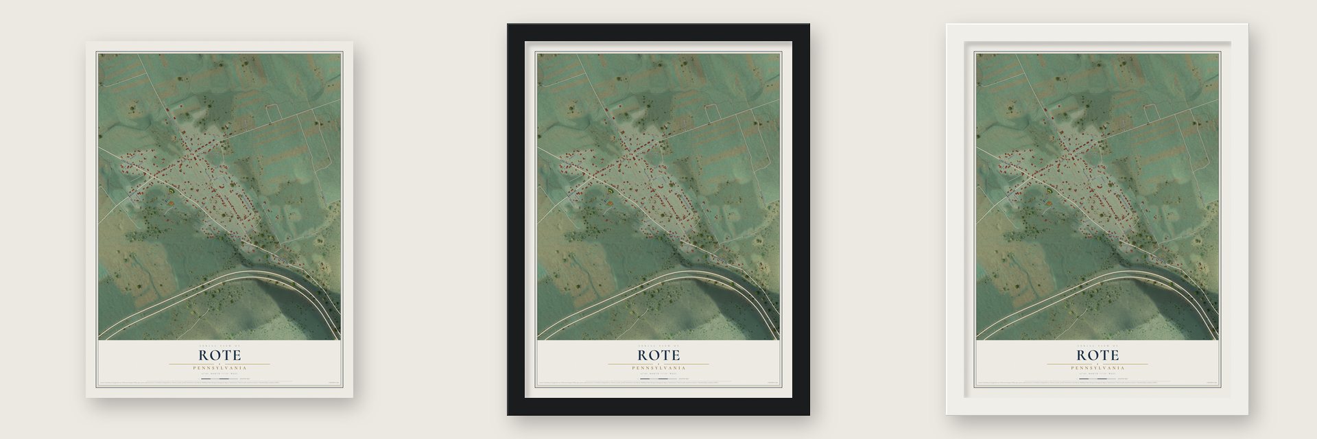Rote, Pennsylvania map unframed, in a black wood frame and in a white wood frame