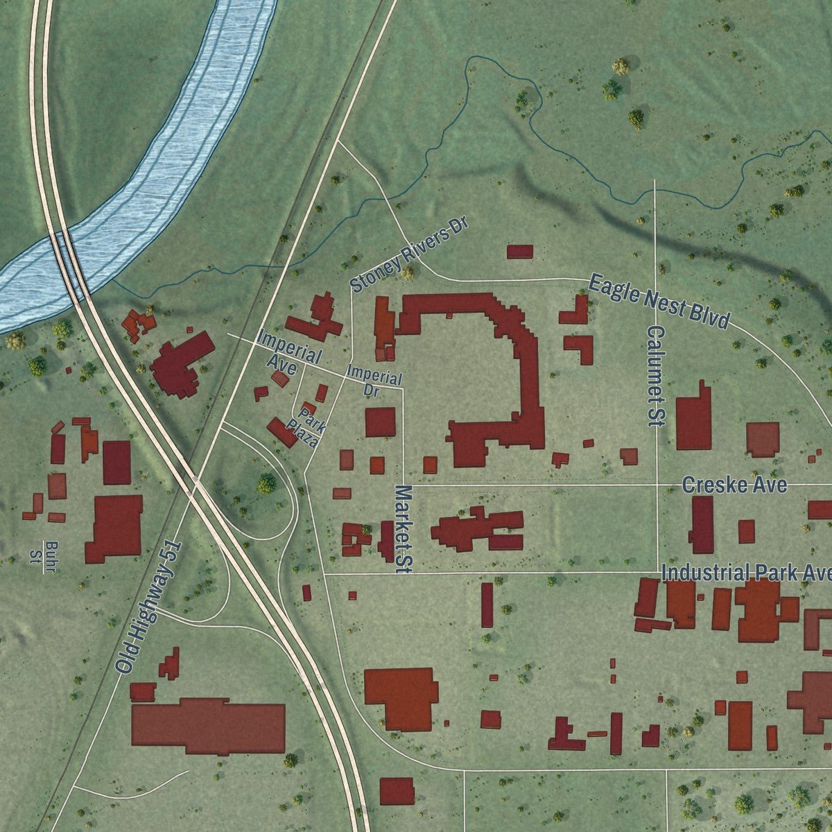 Second close-up of the map of Rothschild, Wisconsin print showing more streets and buildings