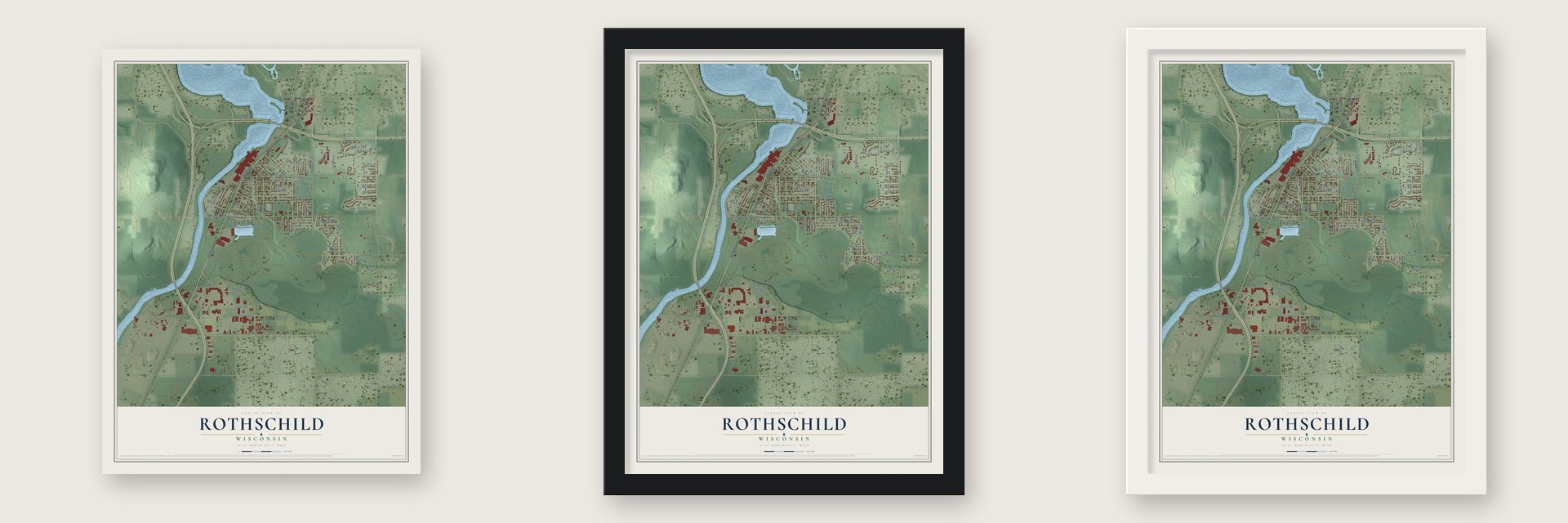 Rothschild, Wisconsin map unframed, in a black wood frame and in a white wood frame