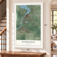 Rothschild, Wisconsin map, 24 x 36 inch print in a white frame by a staircase