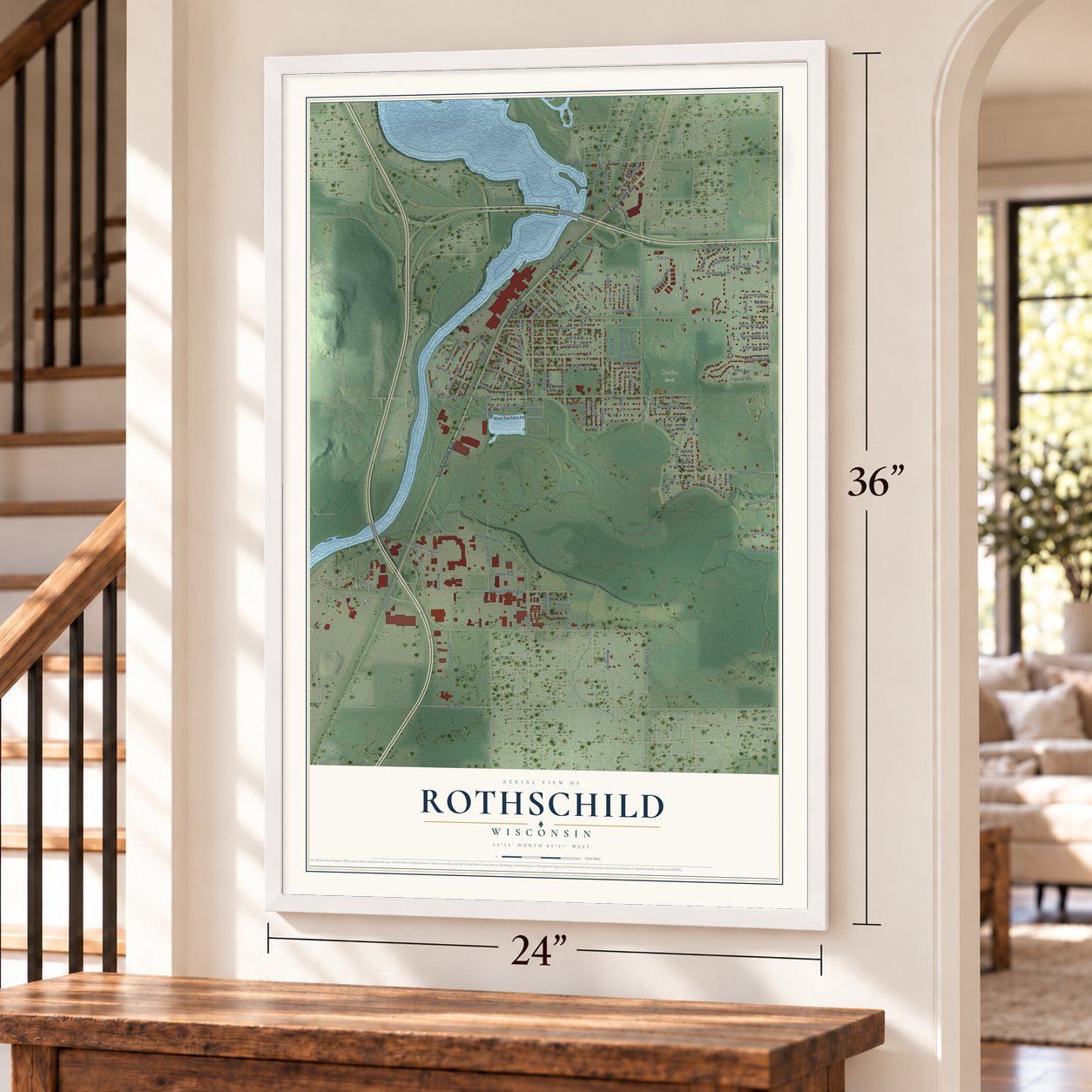 Rothschild, Wisconsin map, 24 x 36 inch print in a white frame by a staircase