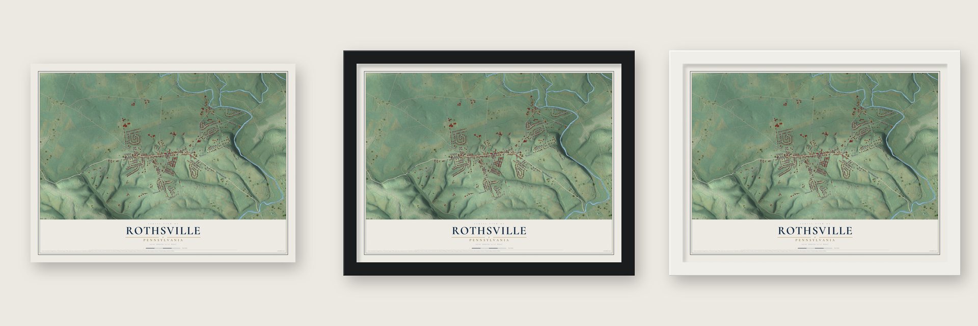 Rothsville, Pennsylvania map unframed, in a black wood frame and in a white wood frame