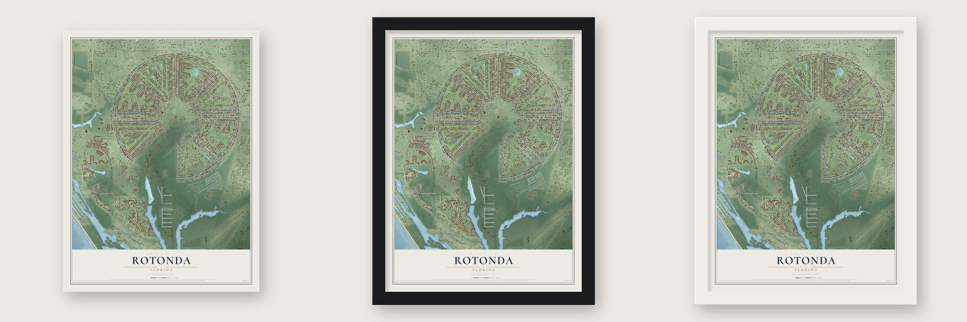 Rotonda, Florida map unframed, in a black wood frame and in a white wood frame