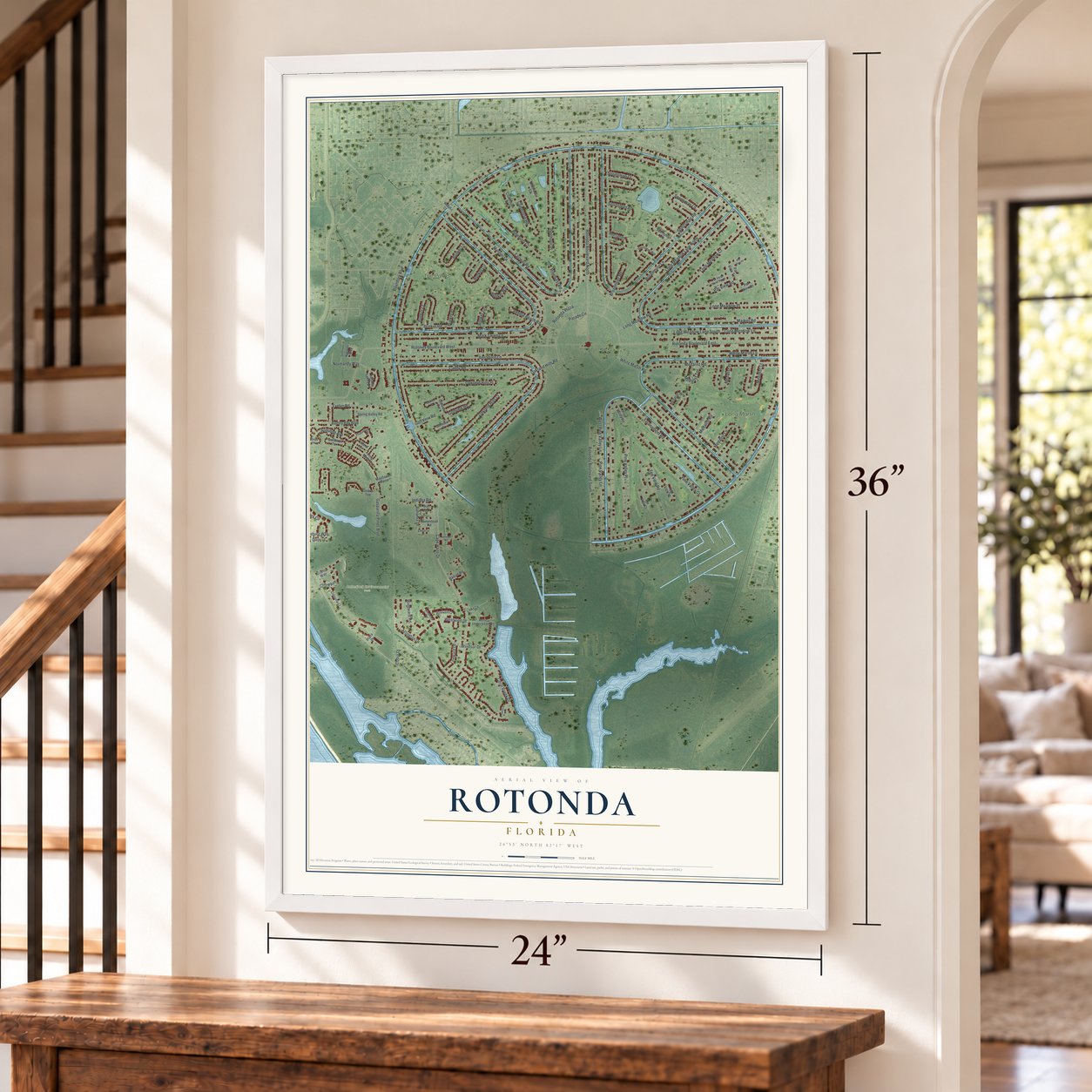 Rotonda, Florida map, 24 x 36 inch print in a white frame by a staircase