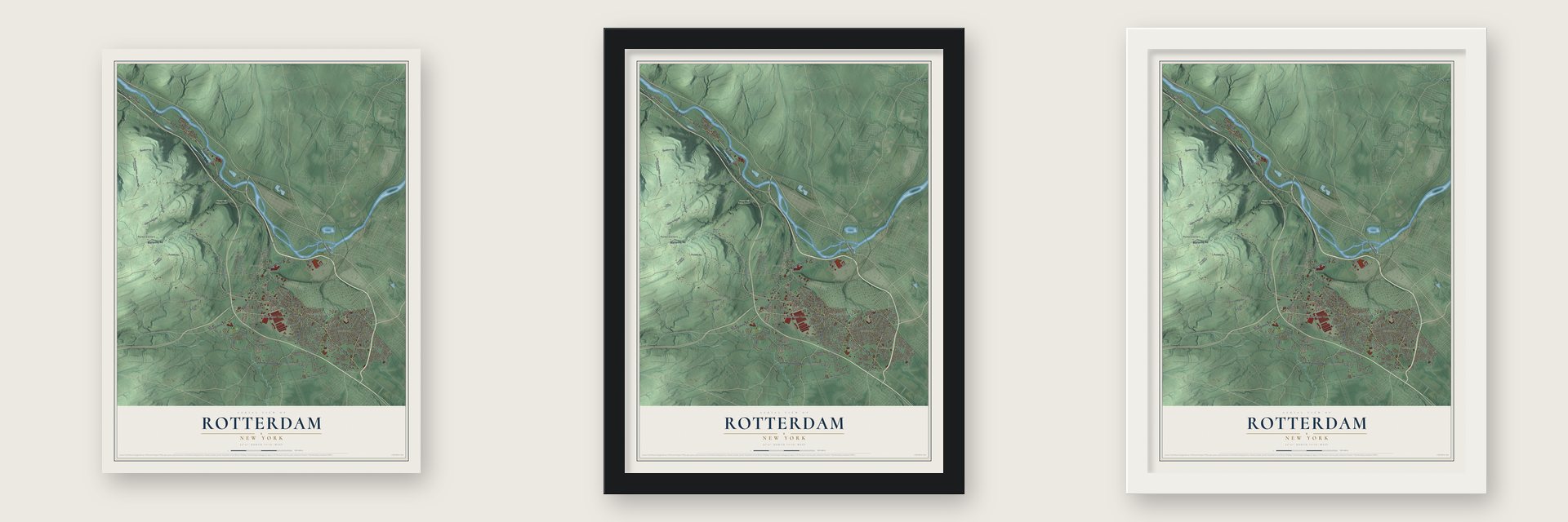 Rotterdam, New York map unframed, in a black wood frame and in a white wood frame