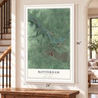 Rotterdam, New York map, 24 x 36 inch print in a white frame by a staircase
