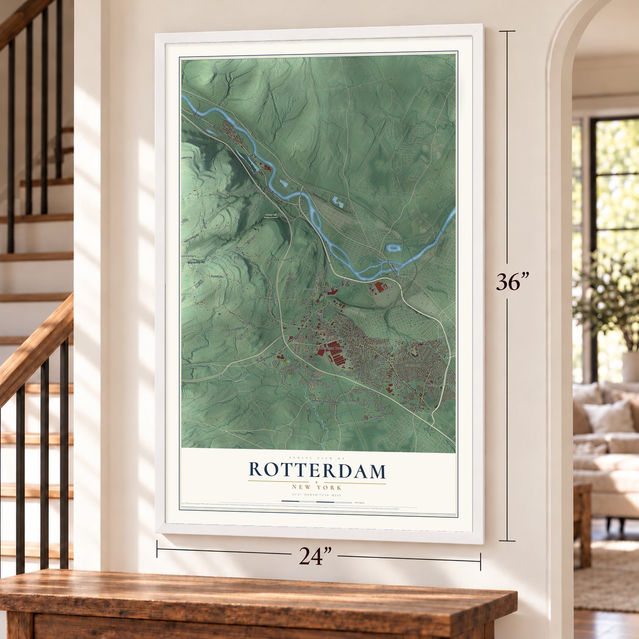 Rotterdam, New York map, 24 x 36 inch print in a white frame by a staircase