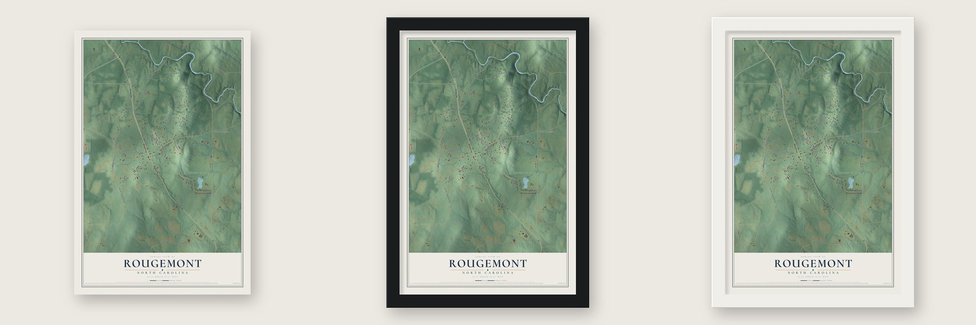 Rougemont, North Carolina map unframed, in a black wood frame and in a white wood frame