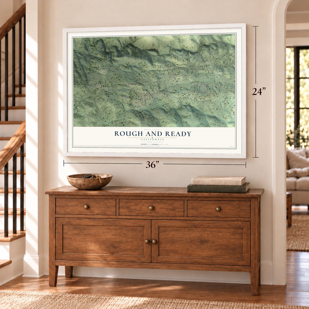 Rough and Ready, California map, 24 x 36 inch print in a white frame above a dresser by a staircase