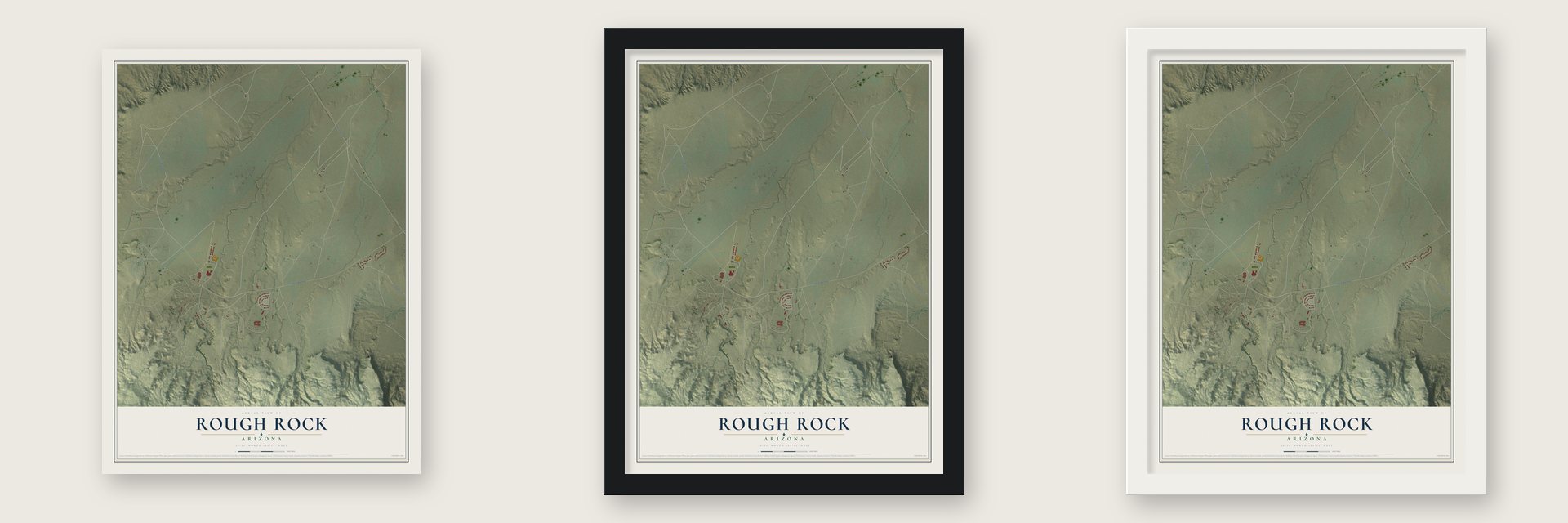 Rough Rock, Arizona map unframed, in a black wood frame and in a white wood frame