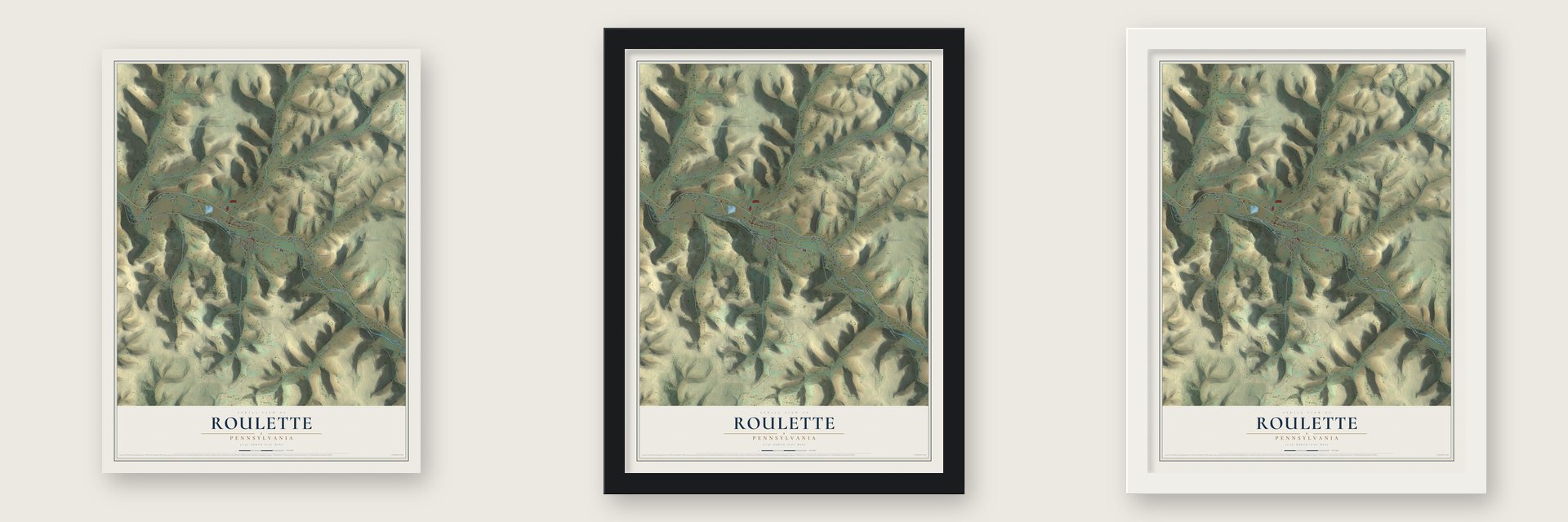 Roulette, Pennsylvania map unframed, in a black wood frame and in a white wood frame