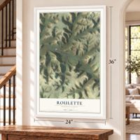 Roulette, Pennsylvania map, 24 x 36 inch print in a white frame by a staircase